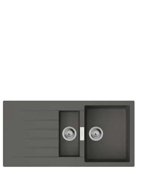 Einbauspüle in Steingrau mit zwei Becken und Abtropffläche, gefertigt von Hansgrohe. Die Oberfläche zeigt Rillen für die Abtropffläche.